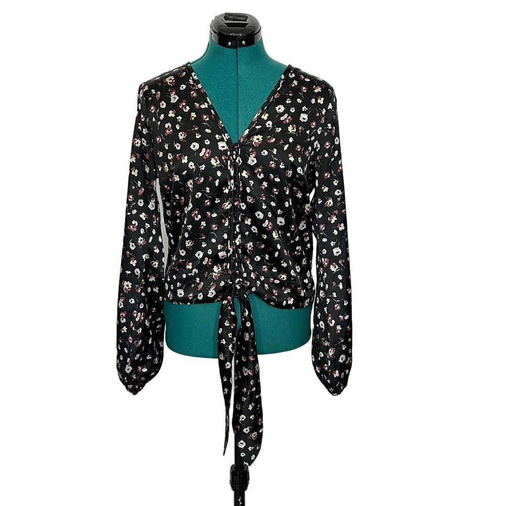 Abercrombie & Fitch Tie Front Blouse Floral M Black Long Sleeve Cropped